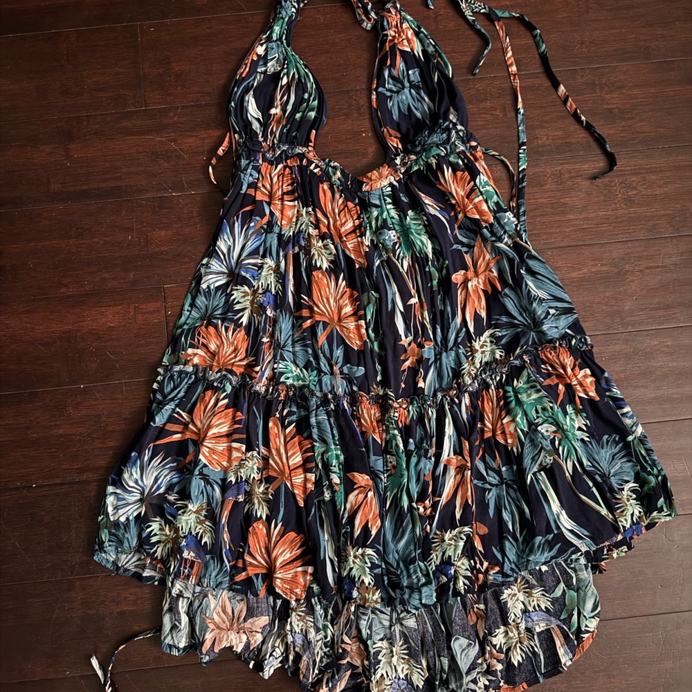 SHEIN Backless Floral Dress in Teal with Halter Neckline